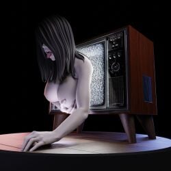 1girls 3d 3d_(artwork) big_breasts completely_nude completely_nude_female female female_only ghost monster_girl naked naked_female nude nude_female pale portal qb_works solo solo_female television television_screen the_ring through_screen tongue_out yamamura_sadako