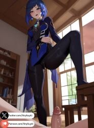 1girls ai_generated blue_eyes blue_hair bob_cut cum cumshot feet femdom fetish footjob genshin_impact penis self_upload shyguyai standing_footjob stockings thighhighs yelan_(genshin_impact)