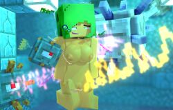 beam blue_eyes green_hair guardian_(minecraft) lou_(pearickmc) minecraft nude nude_female pearickmc pleasure pleasured_face underwater