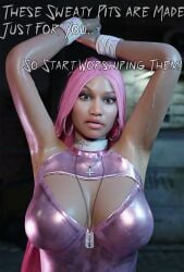 1girls 3d armpits arms_up blender call_of_duty caption collar dark-skinned_female earrings female_only femdom necklace nicki_minaj pink_hair pink_outfit sweat sweatdrop sweaty text theblendertaper