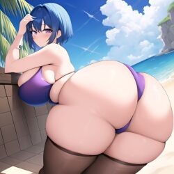 1girls ai_generated beach big_ass big_breasts big_butt blue_hair from_behind huge_ass huge_breasts huge_butt large_ass large_breasts large_butt light-skinned_female looking_at_viewer looking_back original original_character palm_tree purple_bikini purple_bra purple_eyes purple_panties rear_view short_hair soulgen stable_diffusion thick_ass thick_thighs wide_hips