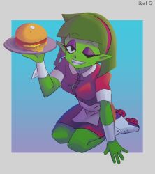 black_eyes button_down_shirt buttons green_hair green_skin hamburger hand_on_ground hands_up_(joel_g) headgear holding_object joel_g kneeling looking_at_viewer margo_(joel_g) mascara pointy_ears roller_skates skirt smile smiling tagme