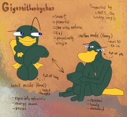 anthro beak blue_eyes colored curious cute feral fetal_position flippers furry gigaboy gigor_(gigaboy) green_skin half-erect huge_balls hyper_penis pensive platypus sad semi-erect story story_at_source story_in_description tail traditional_media_(artwork)