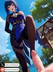 1girls ai_generated blue_eyes blue_hair bob_cut cum cumshot feet femdom fetish footjob genshin_impact penis self_upload shyguyai standing_footjob stockings thighhighs yelan_(genshin_impact)