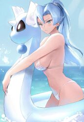 artist_name bikini blue_eyes blue_hair blue_sky breasts clair_(pokemon) closed_mouth dragonair female hair_between_eyes innertube large_breasts long_hair ocean partially_submerged pokemon pokemon_gsc pokemon_hgss ponytail sideboob sky swimsuit tommy_(kingdukeee) tooth_earrings white_bikini