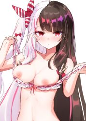 alternate_costume alternate_hairstyle blunt_bangs blush breasts cleavage closed_mouth collarbone commentary female hair_ornament highres long_hair looking_at_viewer medium_breasts multicolored_hair nijisanji nipples red_eyes rumab simple_background solo virtual_youtuber white_background yorumi_rena