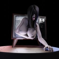 1girls 3d 3d_(artwork) big_breasts completely_nude completely_nude_female female female_only ghost monster_girl naked naked_female nude nude_female pale portal qb_works solo solo_female television television_screen the_ring through_screen tongue_out yamamura_sadako