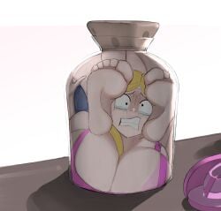 blonde_hair bottle compression crying crying_with_eyes_open feet female inside jar original original_character scared stuffed tears thekid trapped