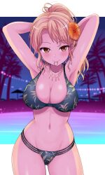 adjusting_hair armpits arms_behind_head arms_up bang_dream! beach bikini black_bikini blonde_hair blurry blurry_background blush breasts brown_eyes cleavage collarbone commission commissioner_upload cowboy_shot earrings female floral_print flower flower_on_head gluteal_fold hair_tie_in_mouth hibiscus hoop_earrings jewelry kasai_shin kirigaya_touko large_breasts long_hair looking_at_viewer mouth_hold navel necklace night object_in_mouth outdoors palm_tree plant ponytail print_bikini shiny_skin skeb_commission smile solo stomach sweat swimsuit tree water