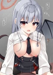 1boy aya_mizunami aya_mizunami_(zuisen) black_wings blue_archive breasts clothed_female dark-skinned_male dark_skin demon_tail demon_wings female gehenna_academy_student gourmet_research_society_(blue_archive) grey_background grey_hair halo haruna_(blue_archive) highres large_breasts light-skinned_female light_skin looking_at_viewer no_bra red_eyes tail vaginal_penetration wings