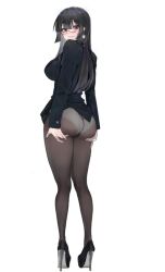 ass ass_grab ass_lift big_ass black_hair blush business_suit business_woman glasses hand_on_butt looking_at_viewer panties pantyhose