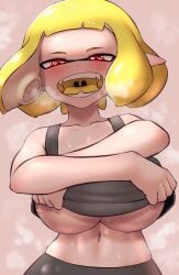 1girls agent_4_(splatoon) big_breasts cleavage inkling inkling_girl nintendo nobunagapero open_mouth peronattu red_eyes sharp_teeth solo splatoon splatoon_2 splatoon_2:_octo_canyon sports_bra sweat tentacle_hair tongue yellow_hair