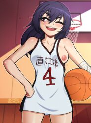 1female 1girls athletic_female bakemonogatari basketball basketball_hoop breast commission female female_only jersey kanbaru_suruga light-skinned light-skinned_female light_body light_skin lordguyis monogatari_(series) nip_slip nipple no_bra no_pants orange_eyes purple_hair solo solo_female tagme thighs wardrobe_malfunction white_pupils wink winking winking_at_viewer