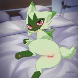 1:1 anus ass bed bedroom_eyes blush bodily_fluids clitoral_hood digitigrade eyelashes feet felid feline female feral floragato fur furniture generation_9_pokemon genitals green_body green_fur hi_res inside looking_at_viewer lying mammal narrowed_eyes nintendo nude on_side paws pink_nose pink_pussy pokemon pokemon_(species) presenting presenting_hindquarters presenting_pussy pussy seductive solo spread_legs spreading sweat tail teasing text thick_thighs tongue ttaki tuft vaginal_penetration wide_hips y_anus