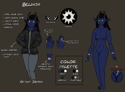 2021 belinda_(el_nacho) black_hair black_pupils black_sclera blue_body blue_skin bottomwear breasts clothing colored demon el_nacho eyebrows female genitals grey_horn hair hand_in_pocket hi_res horn humanoid humanoid_pointy_ears long_hair markings model_sheet not_furry nude pockets pupils pussy simple_background slim small_breasts solo text thin_eyebrows topwear white_eyes zipper