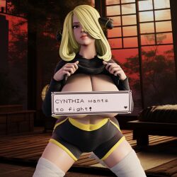 3d 3d_model big_breasts creative_censorship cynthia_(pokemon) huge_breasts huge_butt knee_high_socks knee_highs looking_at_viewer pokemon qb_works revealing_breasts shorts