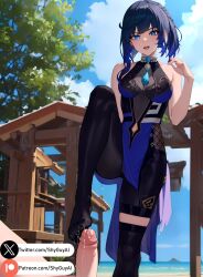 1girls ai_generated blue_eyes blue_hair bob_cut cum cumshot feet femdom fetish footjob footjob_with_legwear genshin_impact penis self_upload shyguyai standing_footjob stockings thighhighs yelan_(genshin_impact)