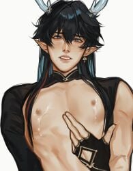 1boy black_hair blush blushing charluiu dan_heng dan_heng_(imbibitor_lunae) dragon dragon_horns earring elf_ears exposed_nipples exposed_torso gloves handwear honkai:_star_rail horn horns lactating lactation long_hair looking_at_viewer male male_focus male_lactation male_only nipples solo solo_focus solo_male