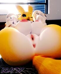 3d_(artwork) anthro anus ass bandai_namco big_breasts black_sclera blue_eyes breasts canid canine digimon digimon_(species) digital_media_(artwork) ear_piercing female flexible fox fur genitals hi_res legs_behind_head legs_up loaf3d mammal nipples nude piercing pussy renamon renamon_(dogzeela) solo spread_legs spreading tail white_body white_fur yellow_body yellow_fur