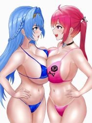 2girls ahoge alternate_costume annoyed bare_shoulders bikini blue_eyes blue_hair blush breast_press breasts choker damuko_(kxmx4323) eye_contact goddess_of_victory:_nikke hairband half_updo helm_(aqua_marine)_(nikke) helm_(aquamarine)_(nikke) helm_(nikke) large_breasts long_hair looking_at_another mast_(a_pirate's_heart)_(nikke) mast_(nikke) multiple_girls oerba_yun_fang open_mouth purple_eyes red_hair skin_fang skull_and_crossbones smile swimsuit twintails very_long_hair