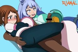 animated ass blush bodysuit boots clothed_female_nude_male dark-skinned_male female gif hero_outfit_(mha) jerking leg_wrap looking_at_another masturbation my_hero_academia naked_male nejire_hado nejire_hado_(hero_outfit) oc ochako_uraraka ochako_uraraka_(hero_outfit) penis rjamal threesome