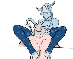 1boy 1girls barbell_piercing big_breasts blizzard_entertainment blood_elf blue_skin cunnilingus draenei interspecies nipple_piercing original_character pyrista stockings tahk_(artist) tahk_silverheart warcraft white_hair world_of_warcraft