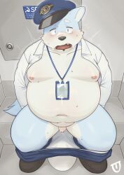 2023 anthro belly big_belly black_nose blue_body blush bottomwear bottomwear_down canid canine canis clothed clothing detailed_background domestic_dog genitals hat headgear headwear hi_res kemono lick1832 male mammal overweight overweight_male pants pants_down partially_clothed penis sitting small_penis solo train_conductor underwear underwear_down