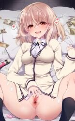 absurdres banknote black_socks blush bottomless breasts brown_eyes cardigan censored clitoris commentary_request condom condom_wrapper egg_vibrator female fujisaki_hikari full-face_blush heart highres hinami_(hinami_173chu) hitachi_magic_wand impossible_clothes impossible_shirt indie_virtual_youtuber kneehighs light_brown_hair long_sleeves lying m_legs medium_breasts medium_hair money mosaic_censoring neck_ribbon on_back on_bed open_mouth presenting_pussy pussy pussy_juice ribbon school_uniform sex_toy sheet_grab shirt socks solo spoken_heart spread_legs spread_pussy sweat used_condom very_sweaty vibrator virtual_youtuber white_shirt yellow_cardigan yen