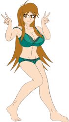 barefoot bra bra_strap brown_eyes brown_hair double_peace_sign huge_breasts leanne_greenleaf long_hair original panties peace_sign smile spark_knight