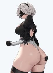 1girls absurdres big_butt black_blindfold black_gloves black_hairband blindfold bob_cut breasts butt butt_focus butt_grab closed_mouth commentary feather-trimmed_sleeves gloves grabbing_own_butt hairband highres huge_ass juliet_sleeves large_breasts long_sleeves mole mole_under_mouth nier:_automata nier_(series) puffy_sleeves pumi_puru short_hair simple_background skindentation solo thick_thighs thighhighs thighs white_background white_hair yorha_2b