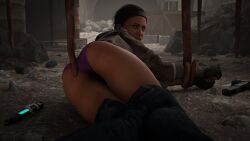 1girls 3d alien alyx_vance ass ass_focus assisted_exposure barnacle black_hair clothed clothed_female defeat defeated defeated_heroine female frown green_eyes gun half-life half-life:_alyx half-life_(series) half-life_2 helpless imminent_sex jeans leather_jacket lying lying_on_side on_ground panties pants_down purple_panties restrained restrained_arms restrained_by_tentacles scpsixtynine self_upload sfm short_hair source_filmmaker tentacle tied_hands tied_up