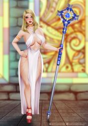 blizzard_entertainment blonde_hair blue_eyes dress female female_only gabrielek high_heels human light_skin makeup original_character posing priest_(warcraft) priestess shana_rose shy staff white_dress world_of_warcraft