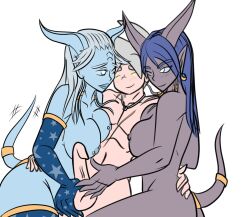 1boy 2girls ball_fondling barbell_piercing big_breasts blizzard_entertainment blood_elf blue_skin draenei interspecies lylly nipple_piercing original_character purple_hair purple_skin pyrista stockings tahk_(artist) tahk_silverheart warcraft white_hair world_of_warcraft