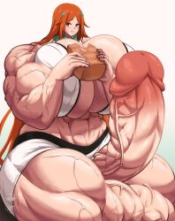 1futa abs balls bleach bread breasts clothed clothing eating erection extreme_muscles food futa_only futanari gigantic_breasts gigantic_penis human hyper hyper_muscles inoue_orihime light-skinned_futanari light_skin mostly_nude muscular_futanari penis roneesan sitting solo thick_thighs veiny_muscles