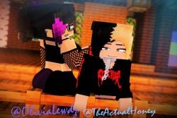 2girls 3d artist_name artist_signature big_ass big_butt black_and_blonde_hair clothed_female female honey_(tah) horny_female humanoid mine-imator minecraft multicolored_hair olivia_(olivialewdz) outside tagme theactualhoney watermark