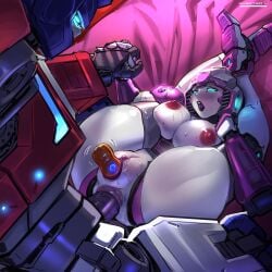 1boy 1girls anal anal_penetration anal_sex arcee arcee_(g1) autobot bed bedroom_eyes bent_legs big_breasts blue_eyes breasts female female_autobots holding_hands huge_breasts interlocked_fingers large_breasts legs_behind_head male nipples optimus_prime penetration robot robot_boy robot_genitalia robot_girl saliva sex sex_toy specterl straight tagme thighs transformers transformers_g1 vibrator vibrator_in_pussy