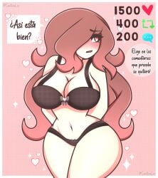 1girls big_breasts blush brown_hair caoticalin female female_focus female_only gradient_hair hands_behind_back heart heart-shaped_pupils light_skin lin_(caoticalin) lin_(lobito_rosado) lobito_rosado long_hair one_eye_obstructed original pink_hair solo spanish_text strip_game tagme text thick_thighs underwear underwear_only