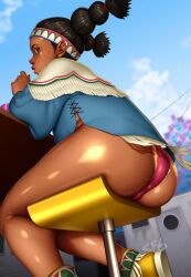 1girls ass athletic athletic_female back_view big_ass black_hair brown_eyes bubble_butt capcom cute daisy_dukes dark-skinned_female dark_skin drink drinking earrings female female_focus headband hourglass_figure lily_hawk long_hair looking_back poncho rear_view shiory short_shorts sitting sneakers street_fighter sweat tagme tied_hair wide_hips