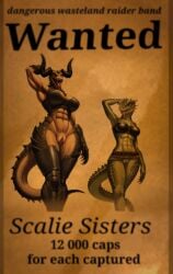 ai_generated anthro argonian bethesda_softworks deathclaw fallout female_deathclaw female_only leather_clothing pussy_juice rataddict scalie size_difference skyrim tattered_clothing tongue_out wanted_poster