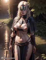 1girls ai_generated areolae belly blonde_hair blush bra breasts breasts_out dark_souls dark_souls_3 female fire_keeper flamemaid long_hair mask medium_breasts nipples shiny_hair shiny_skin swamp sweat torn_clothes underwear