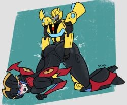 1boy 1girls bumblebee_(transformers) doggy_style man_on_top robot rough_sex small_dom_big_sub straight transformers transformers_cyberverse windblade xedtome