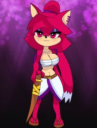 absurd_res anthro armor asami_the_cat big_breasts black_nose breasts clothed clothing costume digital_media_(artwork) ear_piercing fan_character feet female footwear fur hair hi_res humanoid long_hair melee_weapon piercing red_body red_eyes red_fur red_hair sandals sega simple_background smile solo sonic_(series) sonic_the_hedgehog_(series) sword tail unknown_artist weapon