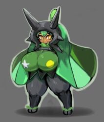 1girls 2_toes black_legs breasts gipehtyboon green_body horns large multicolored_body nipple_cover ogerpon ogre_female orange_face plant pokémon_(species) pokemon pokemon_sv thick_thighs yboon yellow_nipples