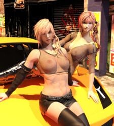 2girls 3d abs areolae armwear athletic athletic_female bare_midriff blue_eyes boots breasts busty car crop_top dress eclair_farron female female_focus female_only final_fantasy final_fantasy_xiii fishnet fishnet_shirt fishnets hourglass_figure long_hair medium_breasts mesh_dress mesh_shirt miniskirt navel nipples pink_hair pinup pinup_pose prostitution see-through see-through_clothing serah_farron sisters skirt tagme thigh_boots thighs toned toned_female v1rwr wide_hips