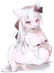 2022 anthro bikini bikini_top blue_eyes blush breasts cat_ears clothing crouching feline female fur hair heterochromia hi_res licking_lips looking_at_viewer mammal red_eyes sen_light simple_background smiling smiling_at_viewer solo swimwear tongue white_background white_fur