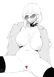 absurdres aliosarvin belt_collar breasts censored coat collar collarbone exhibitionism female glasses heart heart_censor highres large_breasts mask mature_female medium_hair mole mole_under_eye mouth_mask navel nipple_piercing nipples original partially_colored piercing public_indecency pussy solo thighhighs