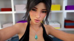 1girls 3d 3d_model big_breasts black_hair caroline_(milfy_city) dress female female_only halter_top huge_breasts icstor milf milfy_city ponytail solo