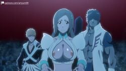 animated anime_screencap areola_slip artyum99 bleach bleach:_the_thousand-year_blood_war breasts cleavage cleavage_cutout clothing_cutout huge_breasts ichigo_kurosaki inoue_orihime nipple_slip nipples nude nude_filter revealing_clothes tagme third-party_edit video yasutora_sado