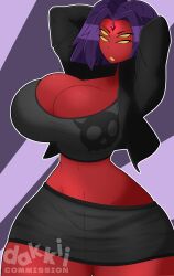 1girls 4_eyes alternate_breast_size dakkii dc female female_only gem gem_on_forehead huge_breasts leather_jacket miniskirt multi_eye no_irises purple_hair rachel_roth raven_(dc) red_body red_skin solo teen_titans tubetop yellow_eyes