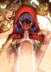 1boy 2girls absurdres big_penis blonde_hair blush duel_monster female green_eyes highres hood hood_up long_hair long_sleeves medium_hair multiple_girls novox's_prayer novox_the_silenforcer_disciple penis_awe pointy_ears praying purple_eyes purple_hair red_hood ro_g_(oowack) saffira_the_wise_silenforcer_queen sauravis_the_sagely_silenforcer_dragon wide_sleeves yu-gi-oh!